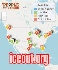 A conceptual thumbnail for the People Over Papers Map blog featuring multiple pairs of hands holding a paper map of the United States. The map is overlaid with red and yellow digital location pins marked with exclamation points to signify enforcement activity. The image features bold text at the top that reads
